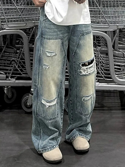 Men's Jeans Man Pants Heavy Duty Washed Multi Pocket Carpenter Style Straight Loose Denim Trousers Casual Fit High Street