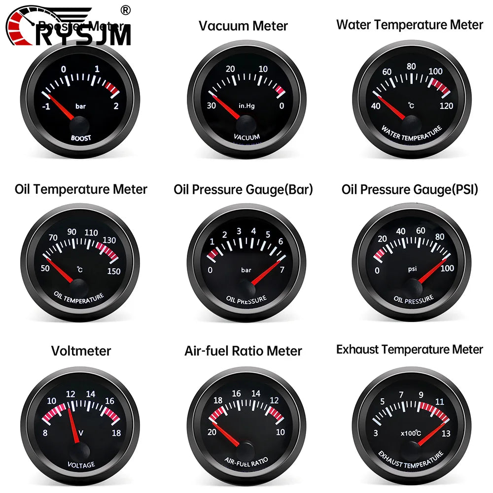 2'' 52mm Racing Car Indicator Water Temp Gauge Oil Temp Meter Voltmeter Oil Press Vacuum Boost Air Fuel Ratio EGT Instrument