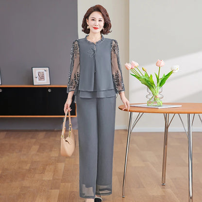 New 2026 Summer Fashionable Thin Two-Piece Set for Older Women Age-Defying Trendy Top And Bottom Ensemble Polyester Fiber