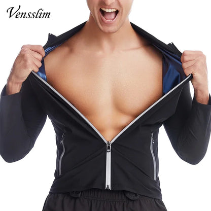 Vensslim Men Sauna Suit Sweat Jacket Workout Weight Loss Long Sleeve Waist Trainer Body Shaper Zipper Slimming Compression Tops