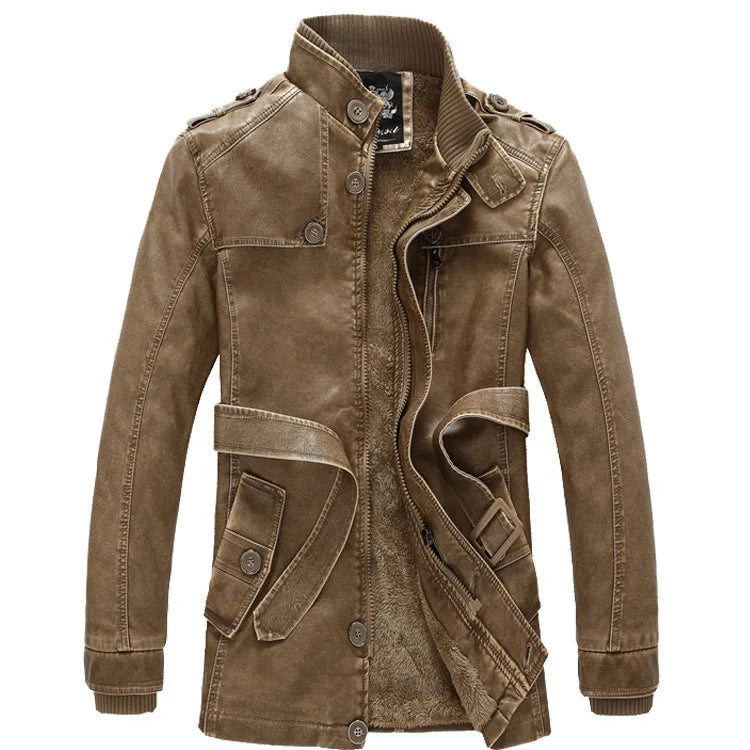 Thick Warm Cashmere Men Outwear Fleece Fur Collar Windbreaker Coats Men's Military Tactical Leather Jackets Long Jacket Men