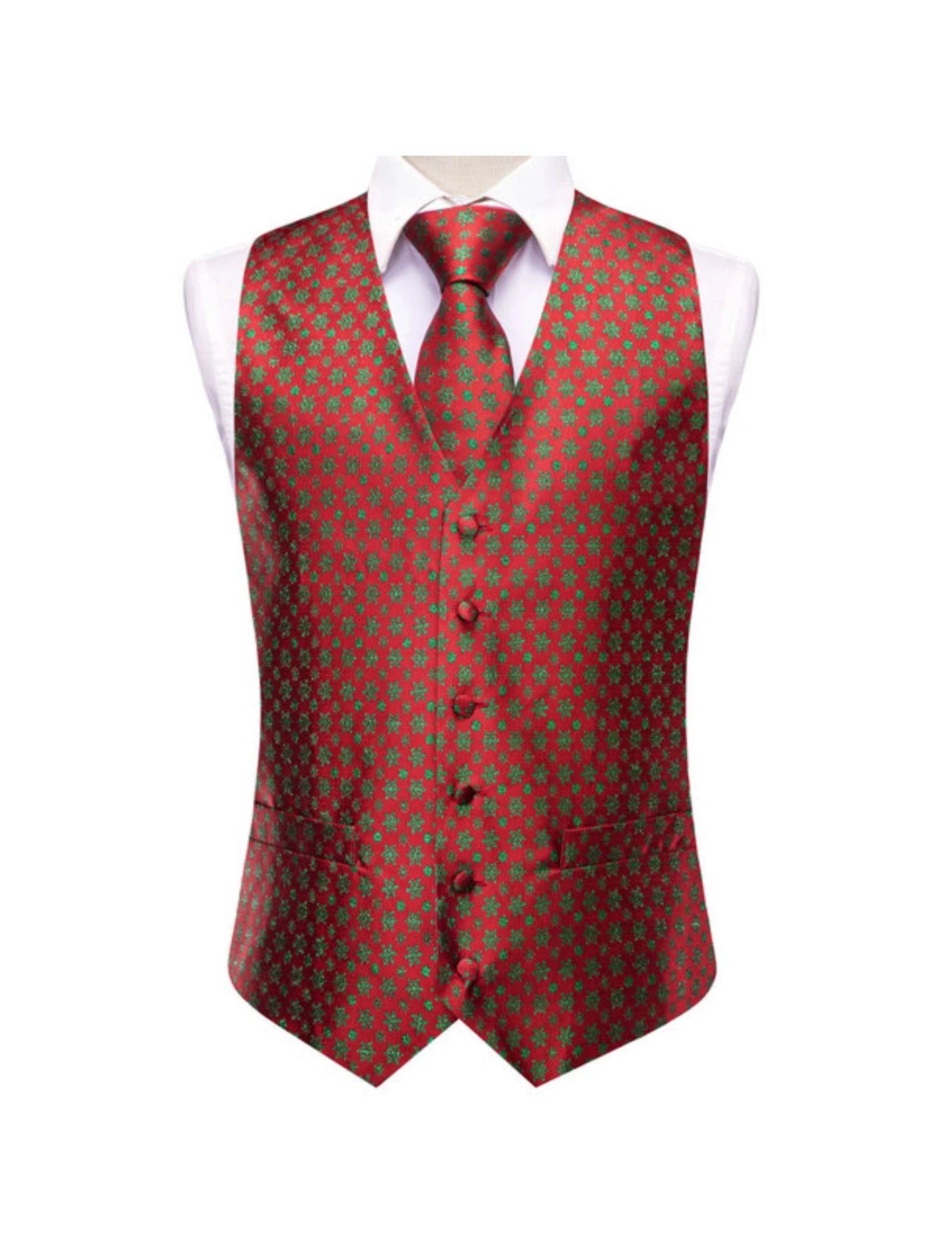 Men's Christmas Print Vest 3-Piece Set: Vest, Tie, Pocket Square, Red Blue Green Yellow for Holiday Parties