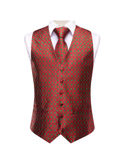Men's Christmas Print Vest 3-Piece Set: Vest, Tie, Pocket Square, Red Blue Green Yellow for Holiday Parties