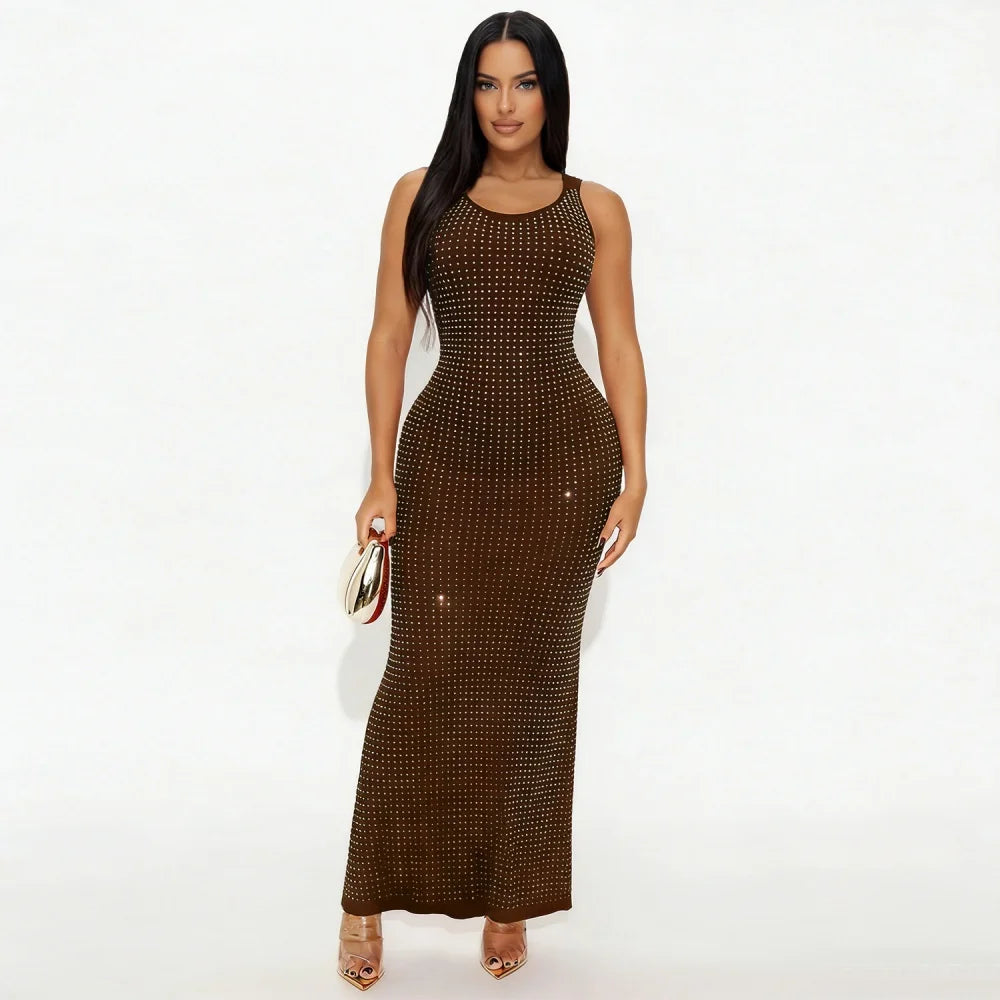 RLMABABY Sexy Swinging Collar Diamond Women Club Bodycon Dress Sleeveless Backless Evening Party Long Prom Dress