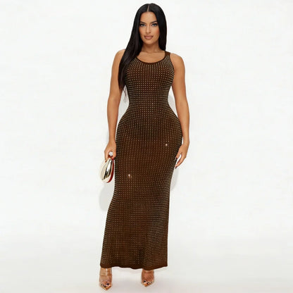RLMABABY Sexy Swinging Collar Diamond Women Club Bodycon Dress Sleeveless Backless Evening Party Long Prom Dress