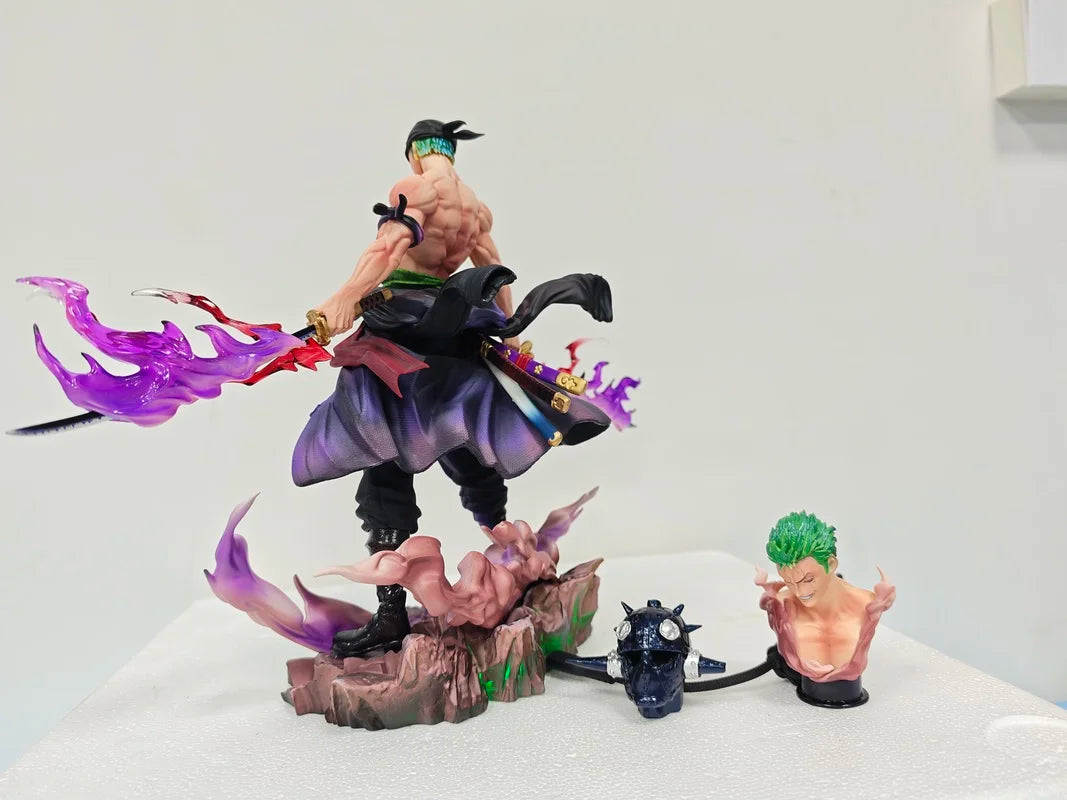 One Piece Roronoa Zoro Collectible Anime Statue Replaceable Head Purple Haki Effect Gk Figure Desktop Decoration For Adult