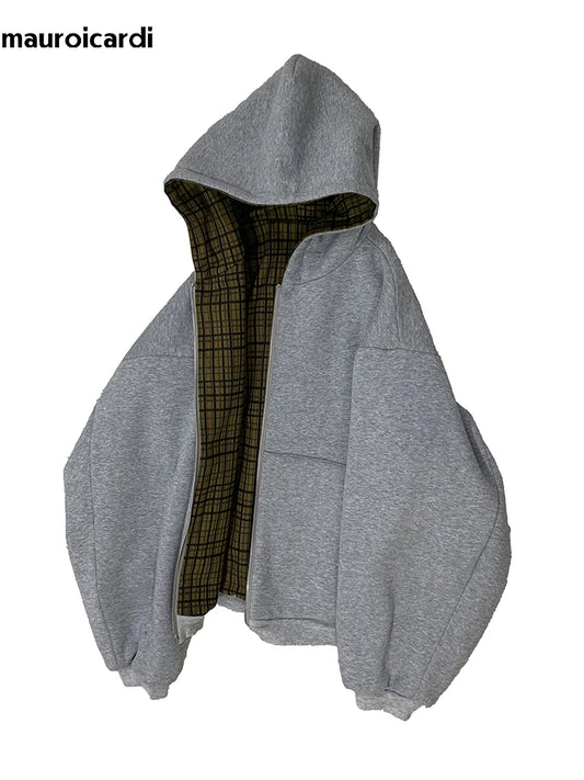 Mauroicardi Autumn Oversized Reversible Hoodies Men Loose Casual Luxury Designer Clothes Hoodie with Plaid Lining Sweatshirt