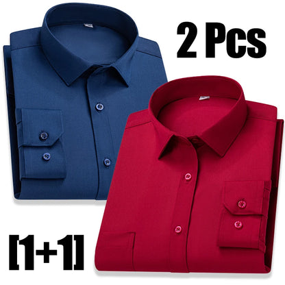 New In Tops Pure Cotton Men's Long Sleeve Business Social Plain Shirts Fashion Single Pocket Casual Slim Fit Solid Color Blouses