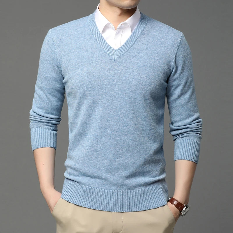 2025 High Quality New Fashion Brand Woolen Knit Pullover V Neck Sweater Black For Men Autum Winter  Casual Jumper Men Clothes