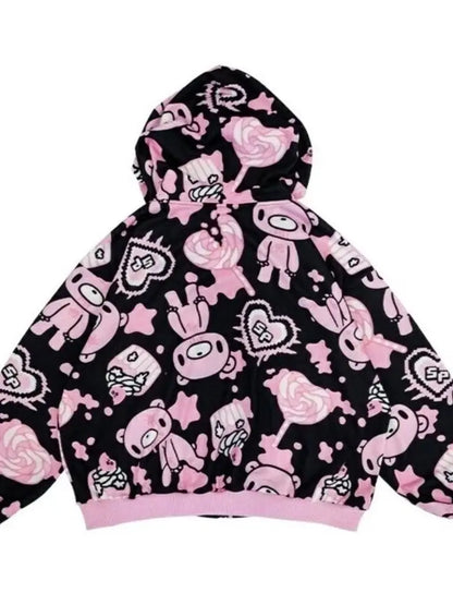 Street Style Harajuku Bear Hoodie Sweatshirt Sweet Cool Candy Pink Violent Bear Subculture Outerwear Loose Fit Long Sleeve
