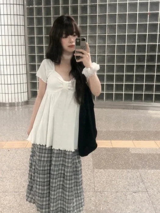 Chic Sweet Style White Bowknot Pleated Short Sleeve T Shirt Women Summer New Unique Top Korean Style Ladies Fashion