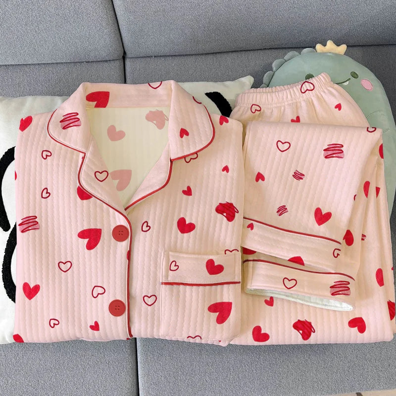 Thickened Air Cotton Sleepwear Set for Women Lazy Bear Cartoon Design Long Sleeve Long Pants Home Clothes Autumn Winter
