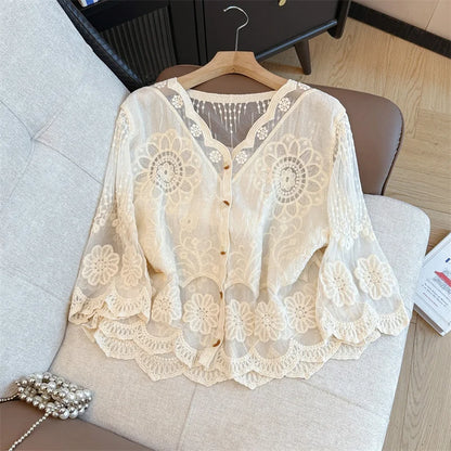 Elegant Embroidered Lace Shirt Women's Spring Summer plus Size Hollow out Button up Top French Style Straight Cut Thin Fabric