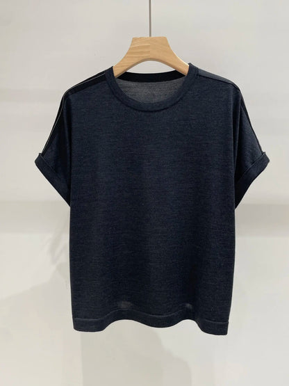 2026 Summer Women's Wool Crew Neck Knit Sweater Short Sleeve Slim Fit Pants Knit Set