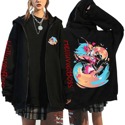Helluva Boss Print Hooded Zipper Men Women Casual Fashion Fall Winter Warm Vintage Long Sleeve Tops Fleece Zip-Up Sweatshirts
