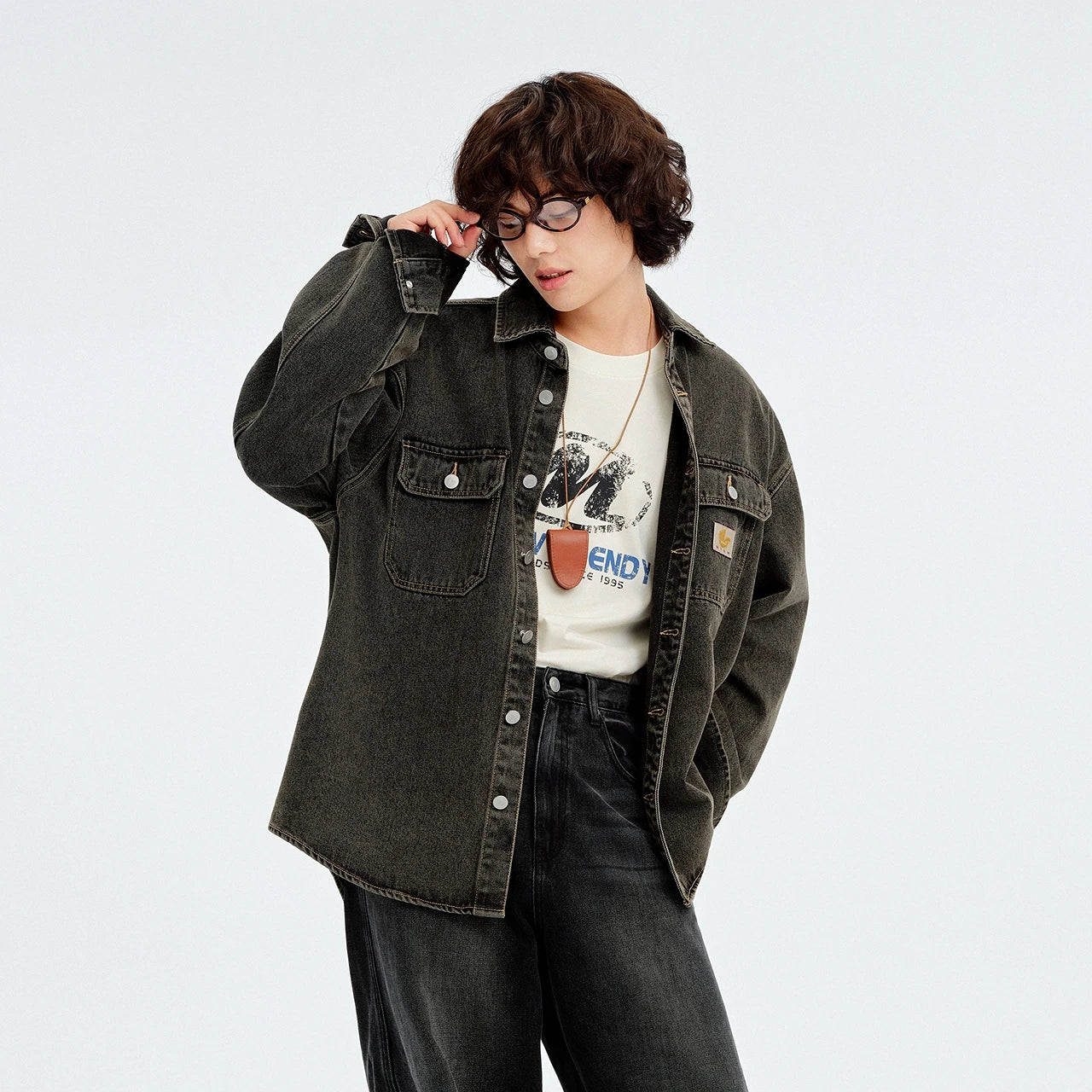 Metersbonwe Men's Vintage Distressed Utility Denim Shirt Jacket Classic Flap Pockets Oversized Fit Outerwear Casual Street Style