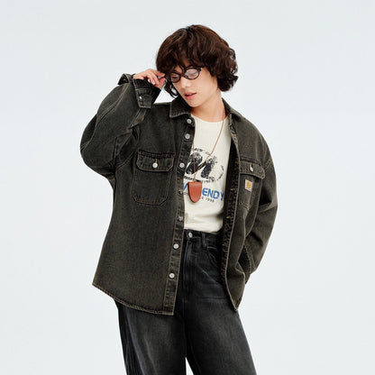 Metersbonwe Men's Vintage Distressed Utility Denim Shirt Jacket Classic Flap Pockets Oversized Fit Outerwear Casual Street Style