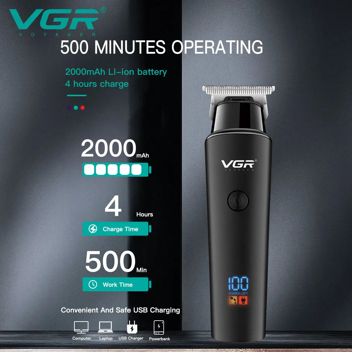 VGR Hair Trimmer 0mm Hair Clipper LED Display Hair Cutting Machine Professional Electric Rechargeable 0mm Trimmer for Men V-937