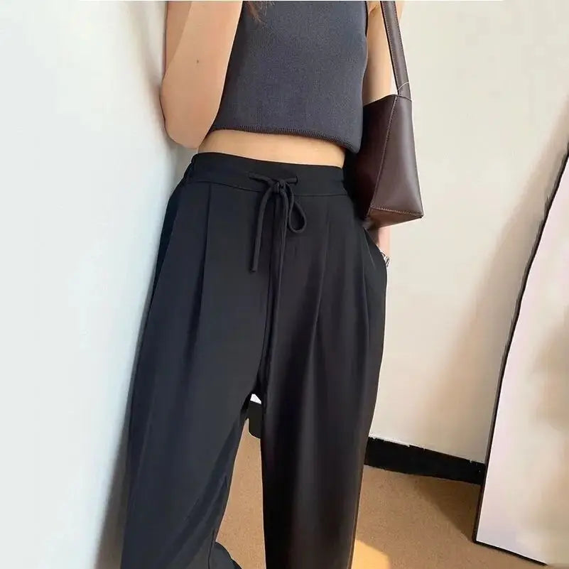 Ice Silk High Waist Wide Leg Pants Women Summer Loose Thin Straight Casual Trousers Korean Style Polyester Fiber Skin-friendl...