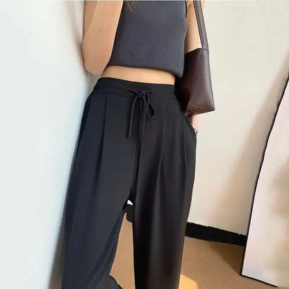 Ice Silk High Waist Wide Leg Pants Women Summer Loose Thin Straight Casual Trousers Korean Style Polyester Fiber Skin-friendl...