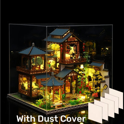 DIY Miniature Dollhouse Traditional Chinese Courtyard,3D Wooden Puzzle DIY Kit with LED Light, Creative Birthday Gift Home Decor