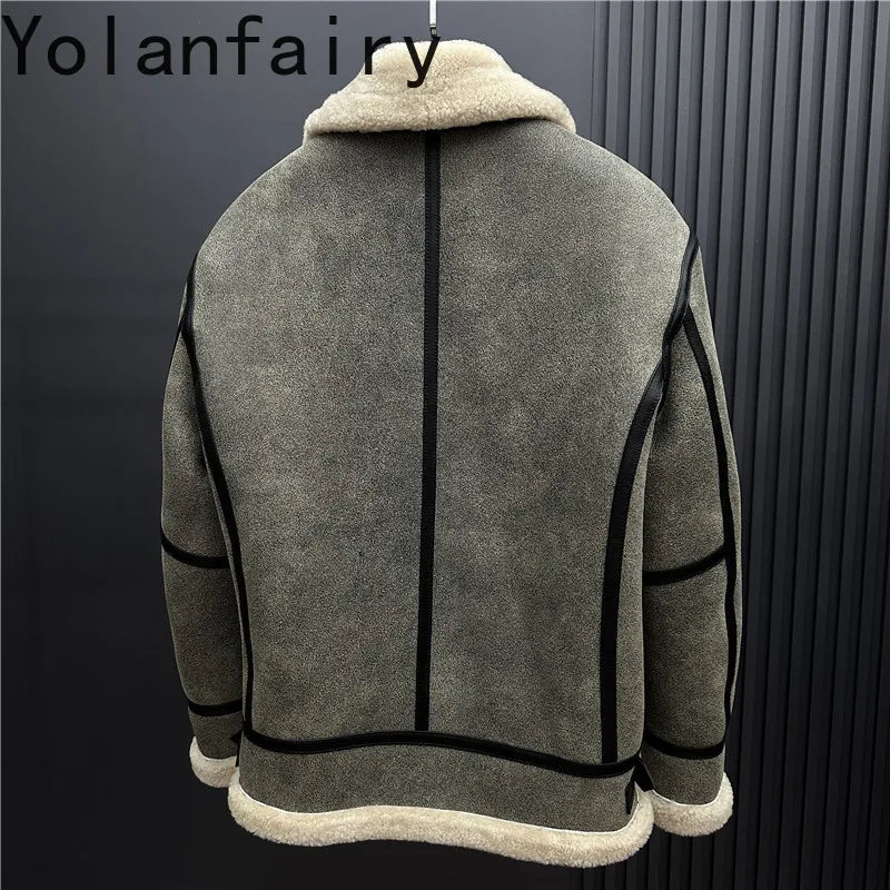 YOLANFAIRY New Natural Fur Coat Man Warm Hooded Winter Real Sheepskin Genuine Leather Jacket Men High Quality Leather Jackets