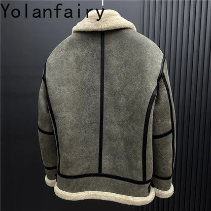 YOLANFAIRY New Natural Fur Coat Man Warm Hooded Winter Real Sheepskin Genuine Leather Jacket Men High Quality Leather Jackets