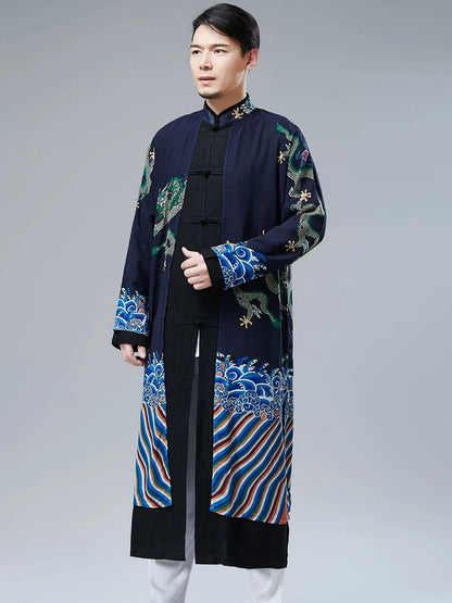 Retro Chinese Sle Youth Men's Long irt Fake Two-Piece Silk Printed Cotton Linen Hanfu Tang Costume Robe Summer Casual Wear