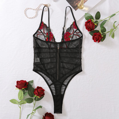 2024 New Fashionable and Sexy Lace Mesh Embroidered Transparent V-neck Mischievous Temptation Style Strap jumpsuit