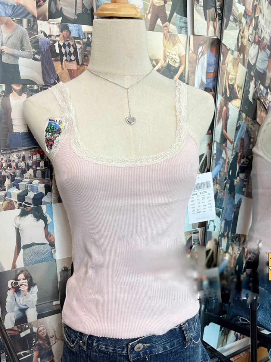 Vintage Lace Trim Blue Ribbed Camis Women New Casual Streetwear Slim Sexy Cotton Sleeveless Vests Sweet Cute Chic Tank Tops Y2K