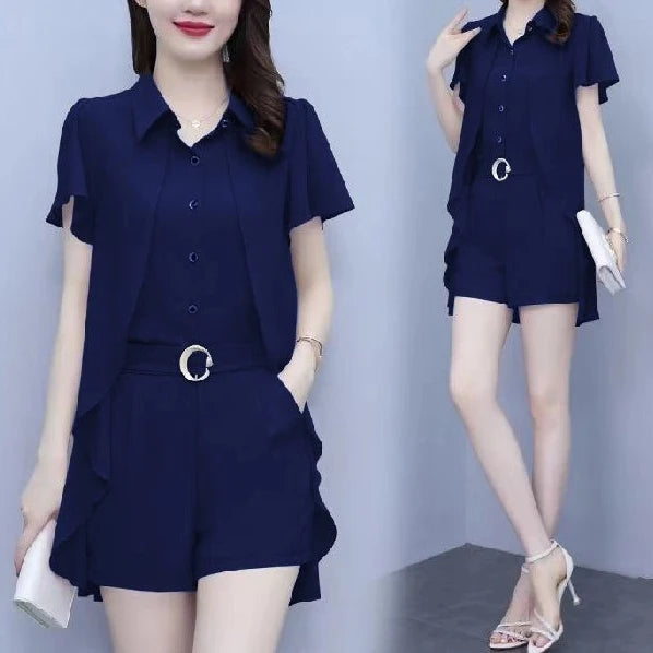 Ladies Fashion Fake Two-piece Top Shorts Loose Temperament and Age Reducing Set Office Lady Simplicity Trend Temperament