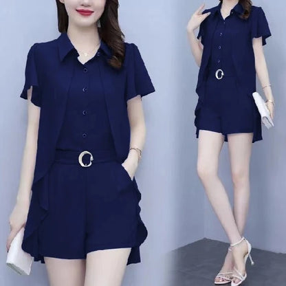 Ladies Fashion Fake Two-piece Top Shorts Loose Temperament and Age Reducing Set Office Lady Simplicity Trend Temperament