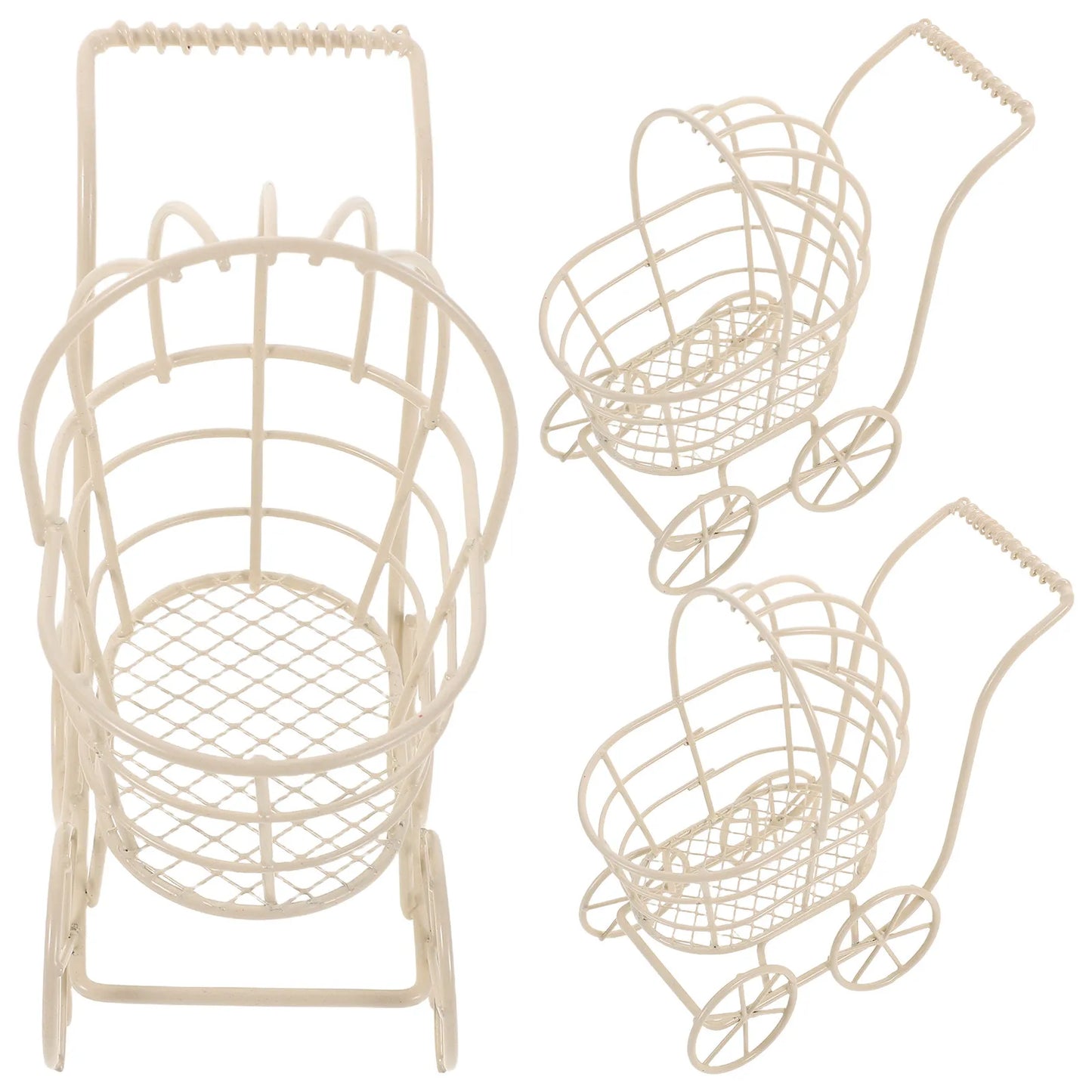3Pcs Miniature Wire Stroller Set Fashion Forward Iron Design for Dollhouse Mini Furniture Decor Kids Imaginative Play Stroller