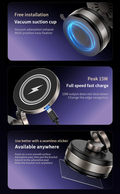Folding 15W wireless charging car phone holder vacuum suction 360 ° rotating magnetic support bracket