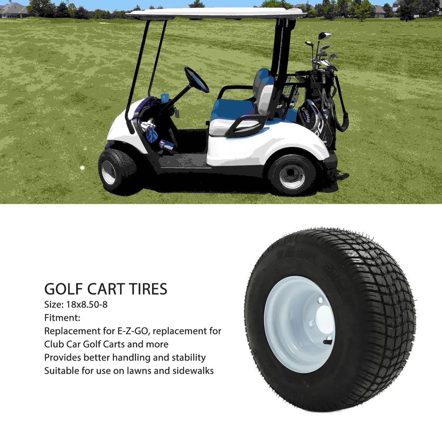 18x8.50‑8 Golf Cart Tires Rubber Better Handling Golf Cart Tire and Wheel Assembly Replacement for E‑Z‑GO Golf Carts