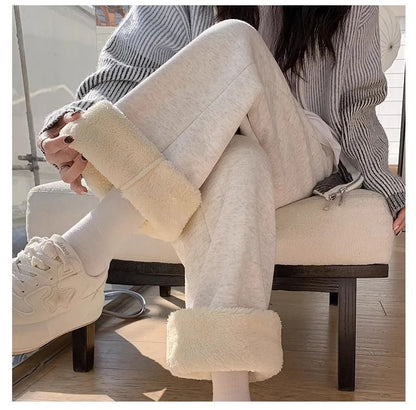 Thickened Fleece Women's Sports Pants Autumn Winter New Style Casual Loose Wide Leg Sweatpants High Waist Polyester Fiber