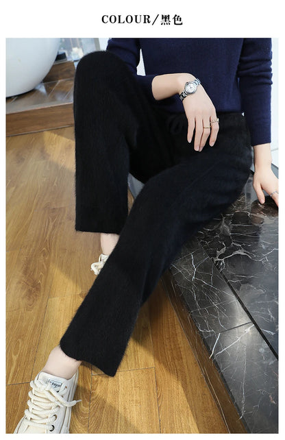100% mink wool knitted high-waisted pencil pants women's casual autumn and winter new warm solid color thick cashmere pants