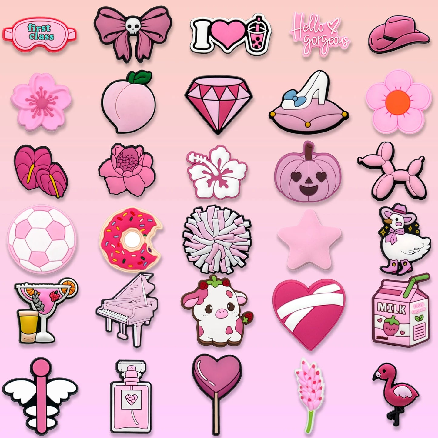 1/30/90PCS Pink Peach Donuts Milk Cow Shoe Charms Perfume Flower Heart Piano Shoe Accessories Decoration Fits All Clogs for Wome