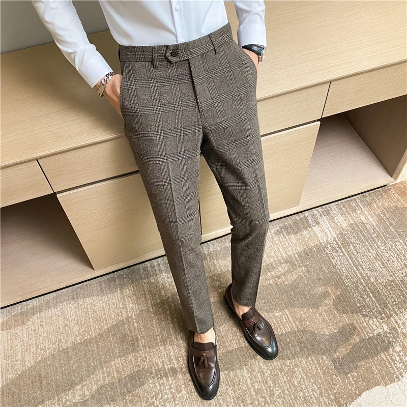 【 High Quality 】 Light Mature Style Spring and Autumn Checked Fashion Long Pants for Men, Trendy Business Casual Little Dress Pa