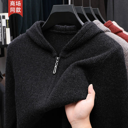100% cashmere sweater men's hooded casual loose zipper sweater knitted cardigan exterior