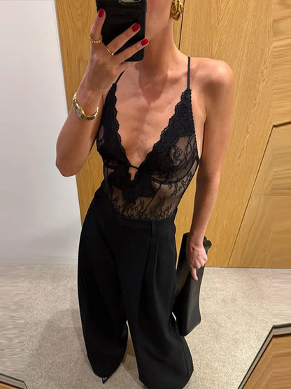 Sexy Women's Bodysuit Halter Lace Deep V-neck Sleeveless   Slim Female Bodysuits 2026 Summer New Fashion Party Chic Lady Top