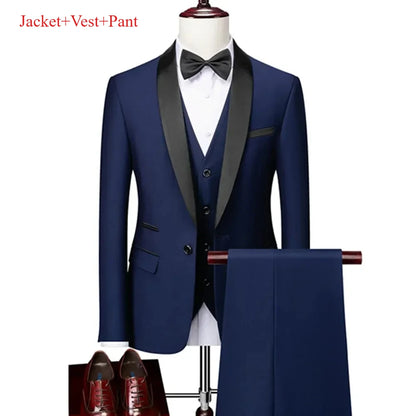 Men's Lapel Black Suit Set Coat Vest Trousers / Business Groomsmen Groom Wedding Dress Fprmal Blazer Pants