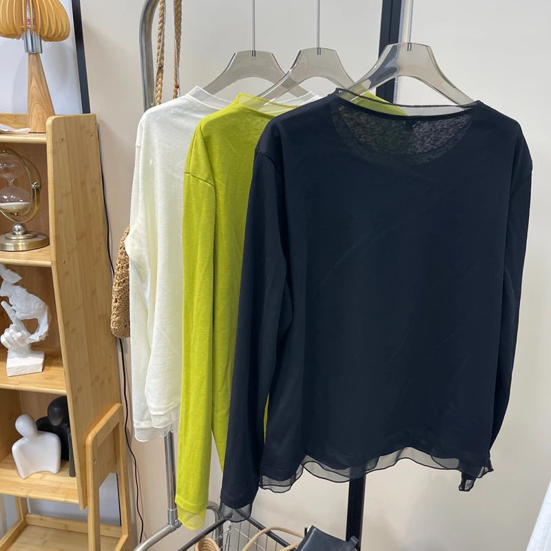Spring New plus Size round Neck Mesh Splice Loose Long Sleeve Base Shirt Women Fat MM Slimming Belly Cover Simple T-shirt