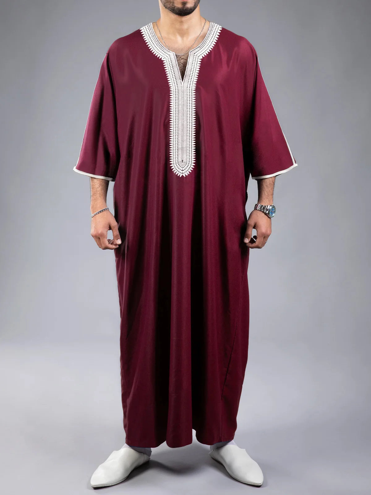 2026 New Model Men's Clothing With Embroidered Mid-sleeves And Side Pockets Robe Abaya Ramadan Dubai Luxury Islam Elegant