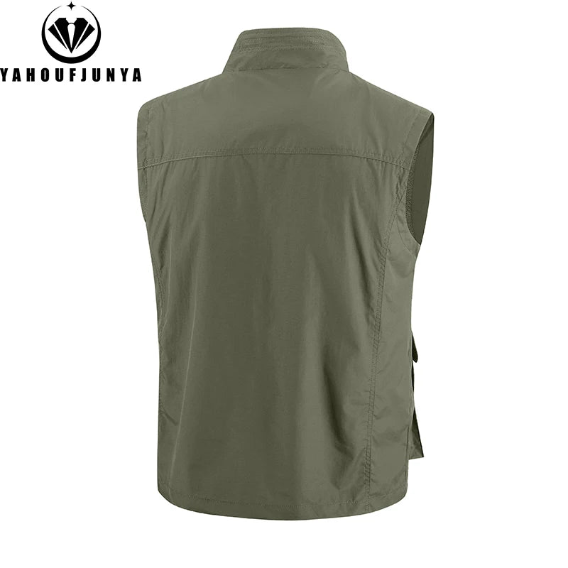 2026 Summer Men Sleeveless Cargo Leisure Work Lapel Vest Men Outdoor Solid Color Fishing Camping Thin Pocket Vest Male Waistcoat