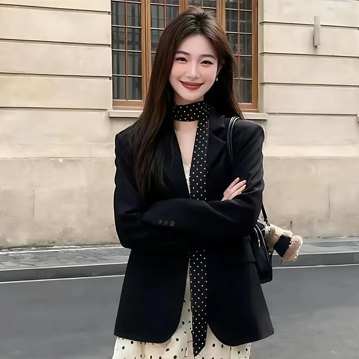 Black Suit And Polka Dot Dress Two-Piece Set for Women Early Spring Fashion Slimming Effect Ribbon Detail Long Sleeve Button-Up