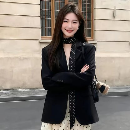 Black Suit And Polka Dot Dress Two-Piece Set for Women Early Spring Fashion Slimming Effect Ribbon Detail Long Sleeve Button-Up