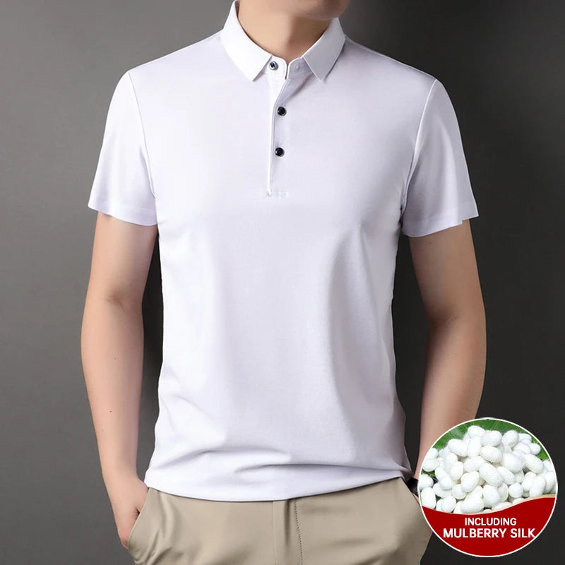 Top Grade 4.7% Mulberry Silk New Summer Brand Luxury Brand Polo Men Shirt Short Sleeve Plain Casual Tops Fashions Men Clothes