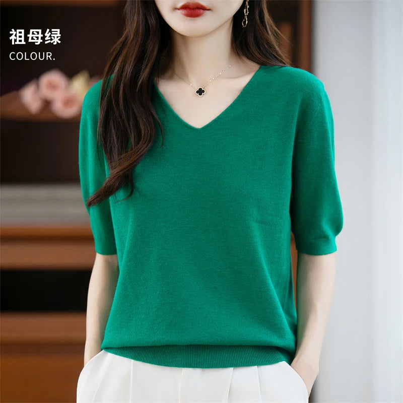 Thin Worsted Wool Short-Sleeved Women's Loose Round Neck T-shirt Printed Summer Fashion Knitted Bottoming Shirt Half-Sleeved
