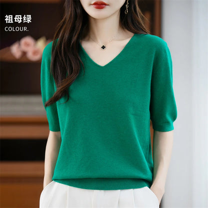 Thin Worsted Wool Short-Sleeved Women's Loose Round Neck T-shirt Printed Summer Fashion Knitted Bottoming Shirt Half-Sleeved